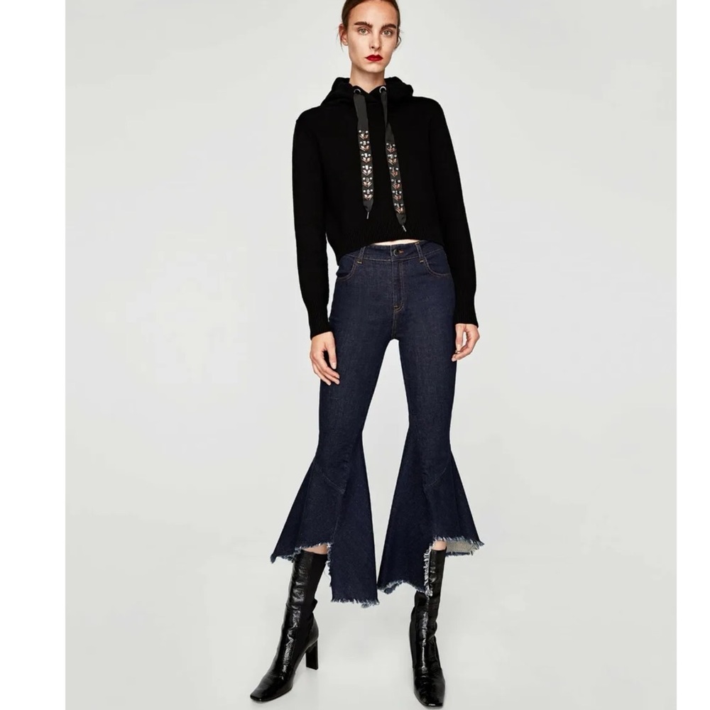 Zara Woman dark-wash high-waist bell-bottom fray hem jeans